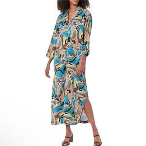 TEREA Andrea Pitter Enamel Blue Crane Print Shirt Collar Maxi Dress, Sz XL. NWT!